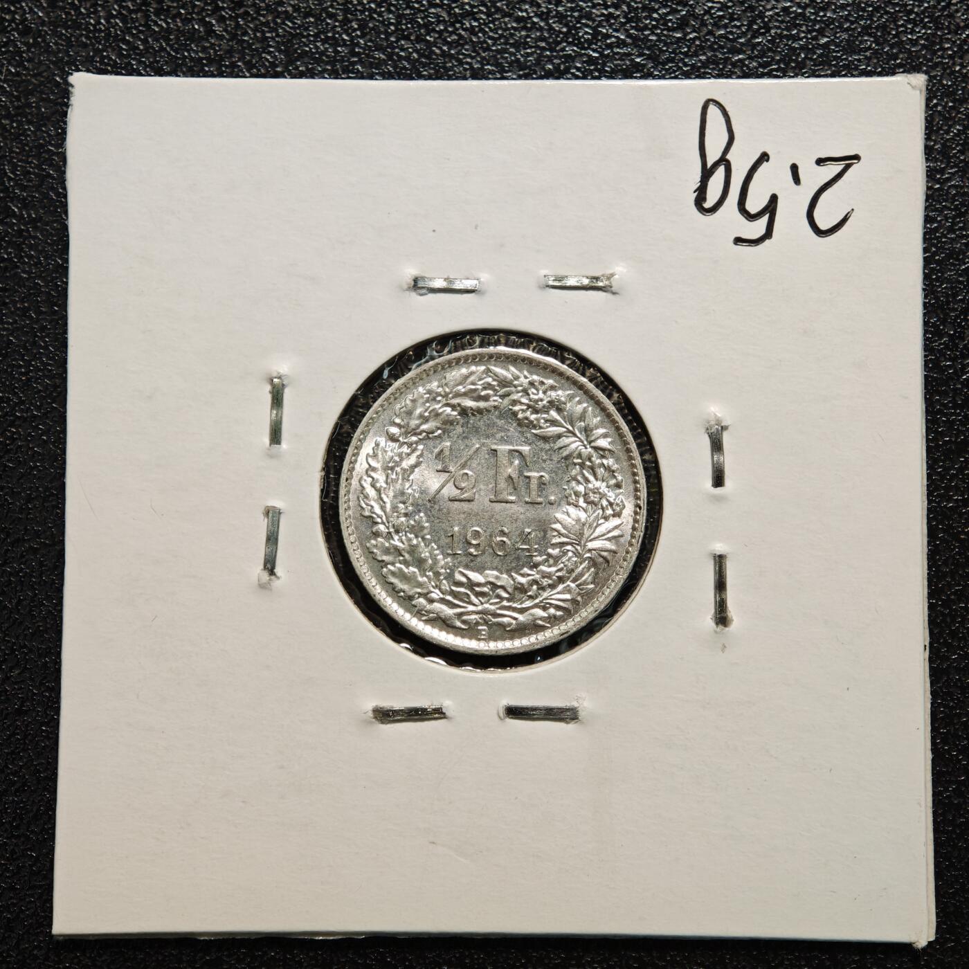 【德藏】世界币章拍卖第166期（拍品征集中~欢迎藏友联系） 老藏家集藏系列之- 4枚一组 1964年 瑞士1/2法郎银币 835银 及 1965年 瑞士1/2法郎银币 835银 及 1963年 瑞士2法郎银币 835银 及 1957年 瑞士1法郎银币 835银 入册20余年·附有当年购入价