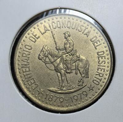 外国优质老铜币银币，正月十二晚九点倒数截拍，满百包邮可寄存，持续收拍 - 阿根廷1979 年 100 比索铜镍纪念币，为纪念 “征服荒漠” 百年发行。背面镌骑马的罗萨斯将军，纪念 1879 年阿根廷平定南部印第安人、整合领土的行动，是其重塑国家认同与纪念边疆开拓史的货币见证。
