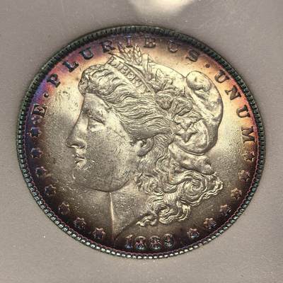 博洋堂世界钱币拍卖第162期（全场包邮） NNC MS65 美国1889年摩根银币，极品炫彩包浆