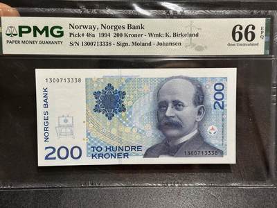 《外钞收藏家》第六百一十三期（ 精品场）（长期征集拍品、欢迎藏友们联系合作） - 挪威1994年初版首发年份200克朗PMG66（全程无4，地球物理学家伯克兰）