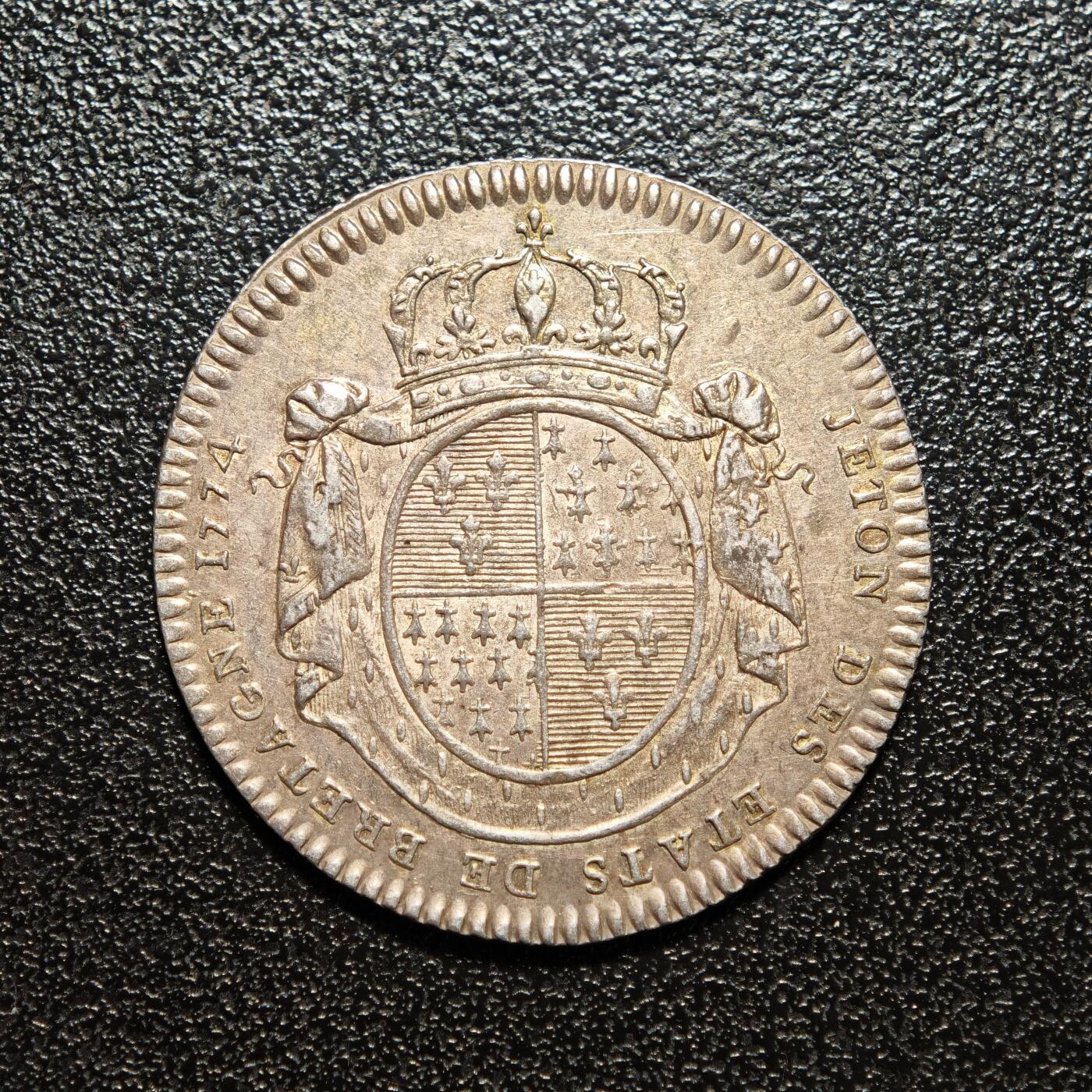 【德藏】世界币章拍卖第166期（拍品征集中~欢迎藏友联系） 1774年 法国布列塔尼三级会议代用币银章 直径约：29.2mm；重约：6.4g