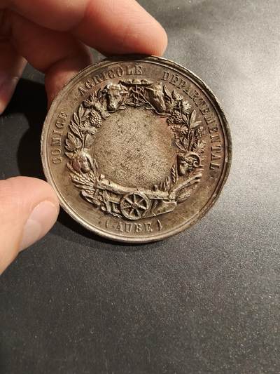 老王徽章第185期 - 法国奥布省农业协会单面镀银大铜章    直径50mm    重量48.1g