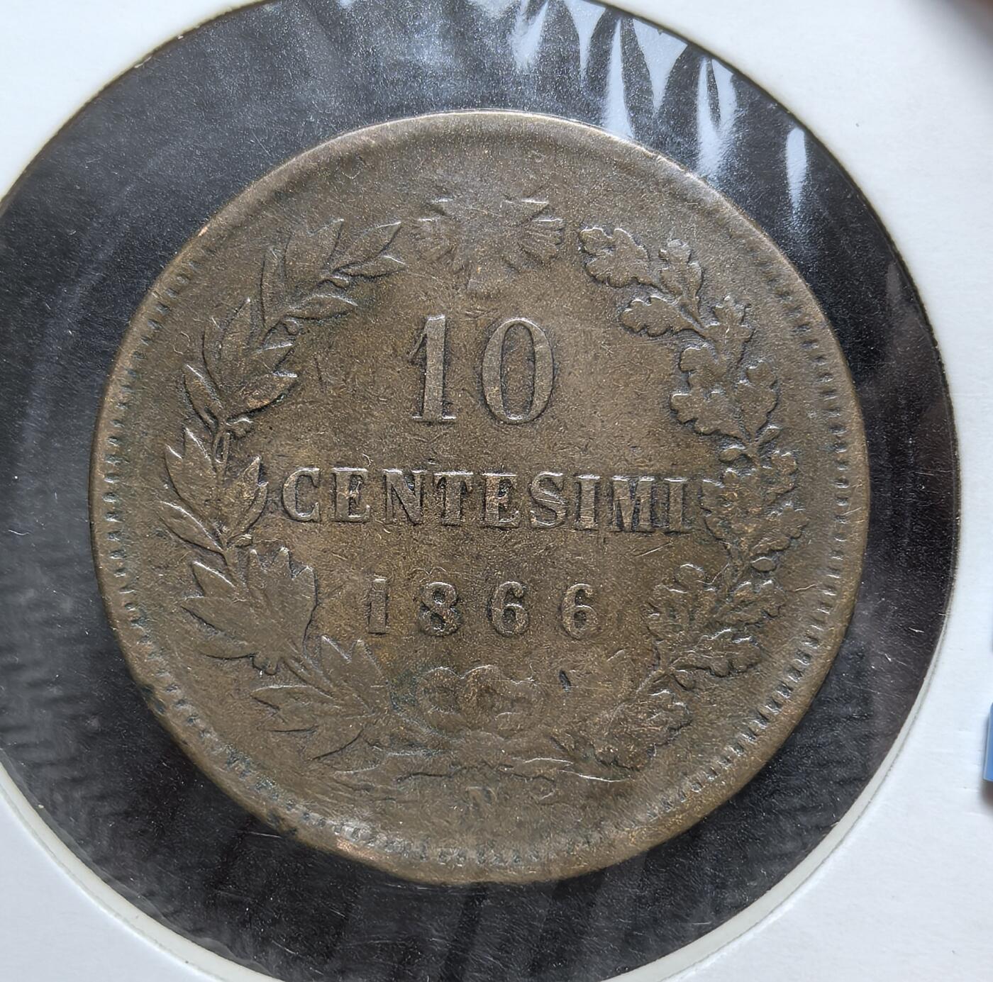 外国优质老铜币银币，正月十二晚九点倒数截拍，满百包邮可寄存，持续收拍 意大利王国埃马努埃莱二世1866 年10 分铜币直径30mm，正面为国王头像，背面是面值与年份，见证了意大利统一初期的币制建设与国家整合进程。