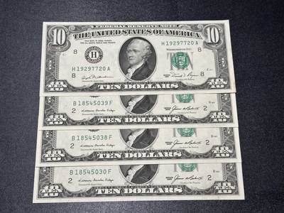 《外钞收藏家》第六百一十三期（ 精品场）（长期征集拍品、欢迎藏友们联系合作） - 1985年美国小头版10美元 四张一起 1张有黄斑其他接近全新 边角有瑕疵