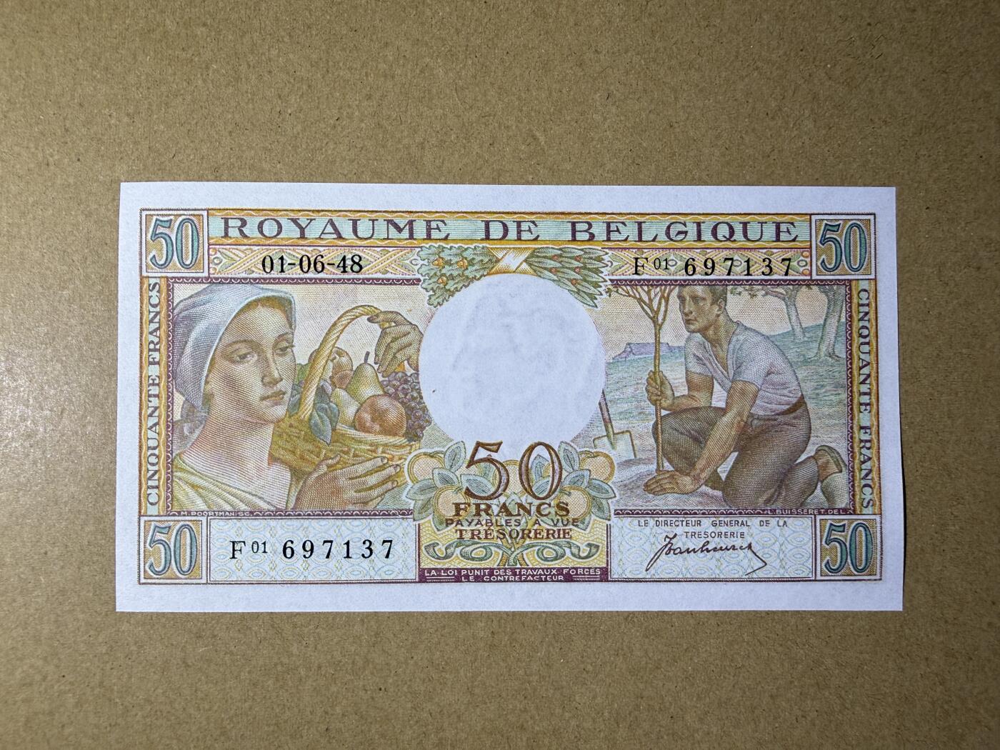 《艾美收藏》第234期-3.1周日外币精华场 比利时50法郎 UNC 1948年早期版本 无4