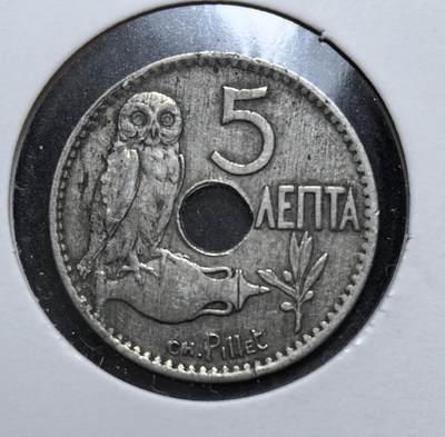 外国优质老铜币银币，正月十二晚九点倒数截拍，满百包邮可寄存，持续收拍 - 希腊王国乔治一世1912 年5 雷普塔镍币，正面为希腊王冠与国名，背面以猫头鹰（雅典娜圣鸟）为图案，既致敬古希腊钱币传统，也见证巴尔干战争前夕的希腊币制体系。