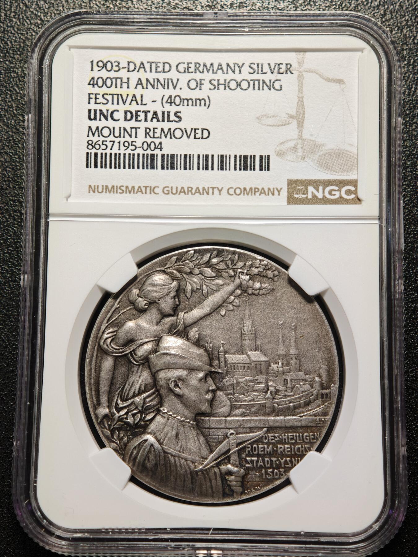 【德藏】世界币章拍卖第166期（拍品征集中~欢迎藏友联系） 1903年 德国伊瑟隆射击协会成立400周年纪念银章 NGC UNC 少见品种