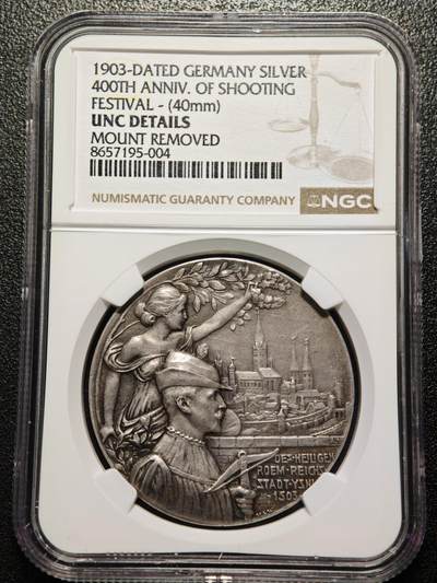 【德藏】世界币章拍卖第166期（拍品征集中~欢迎藏友联系） - 1903年 德国伊瑟隆射击协会成立400周年纪念银章 NGC UNC 少见品种