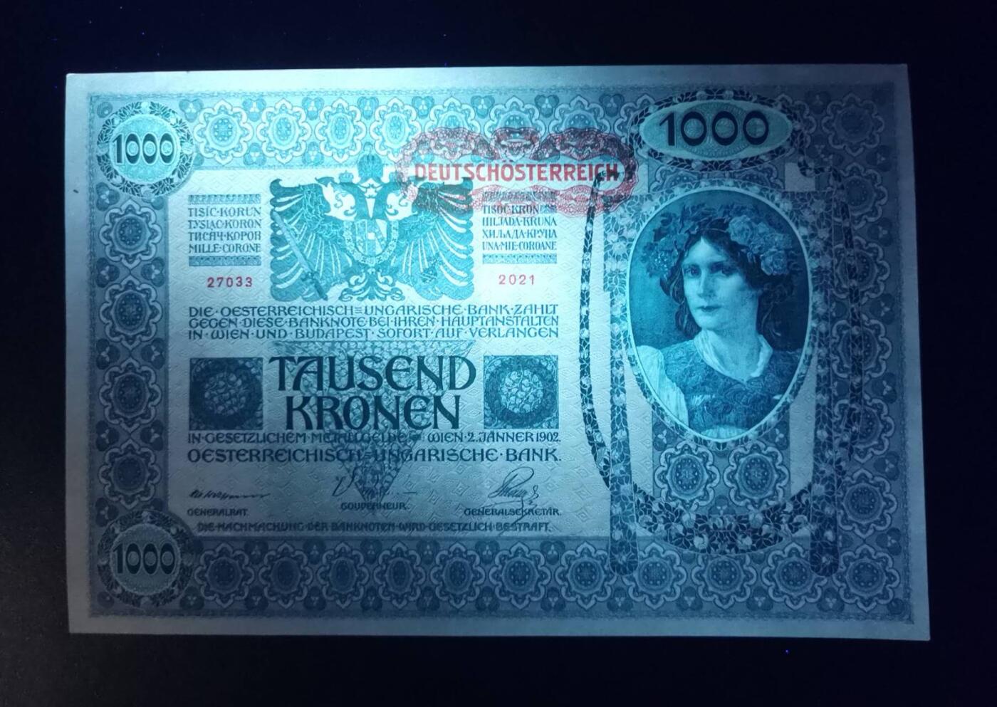 《艾美收藏》第234期-3.1周日外币精华场 奥地利(奥匈帝国)1902年1000克朗UNC无4 浅色 角不太绝 原汁原味 百年老票全新品相难得 超大票幅