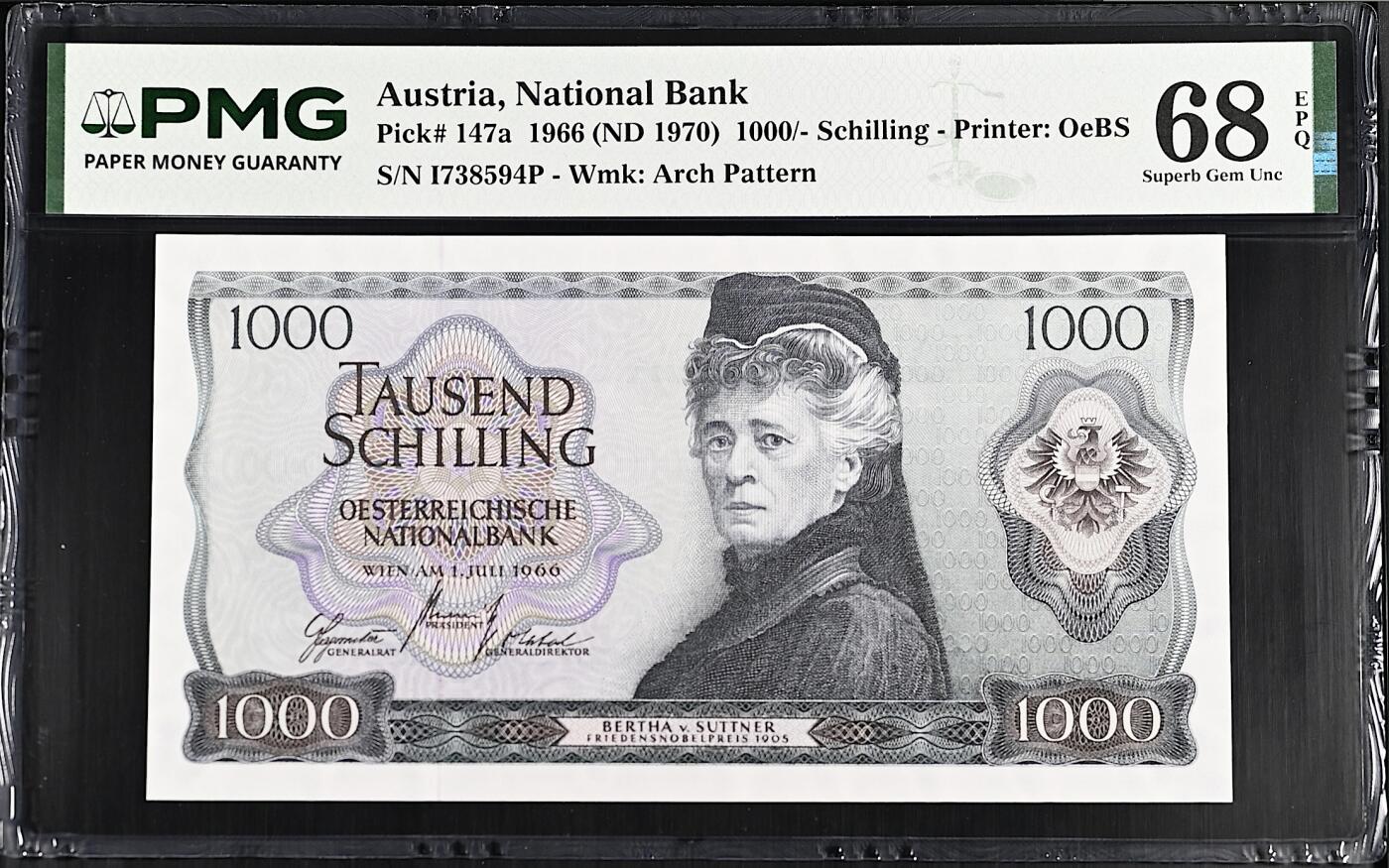 《艾美收藏》第234期-3.1周日外币精华场 奥地利1000先令 PMG68E 1966年 奥地利女作家苏特纳 