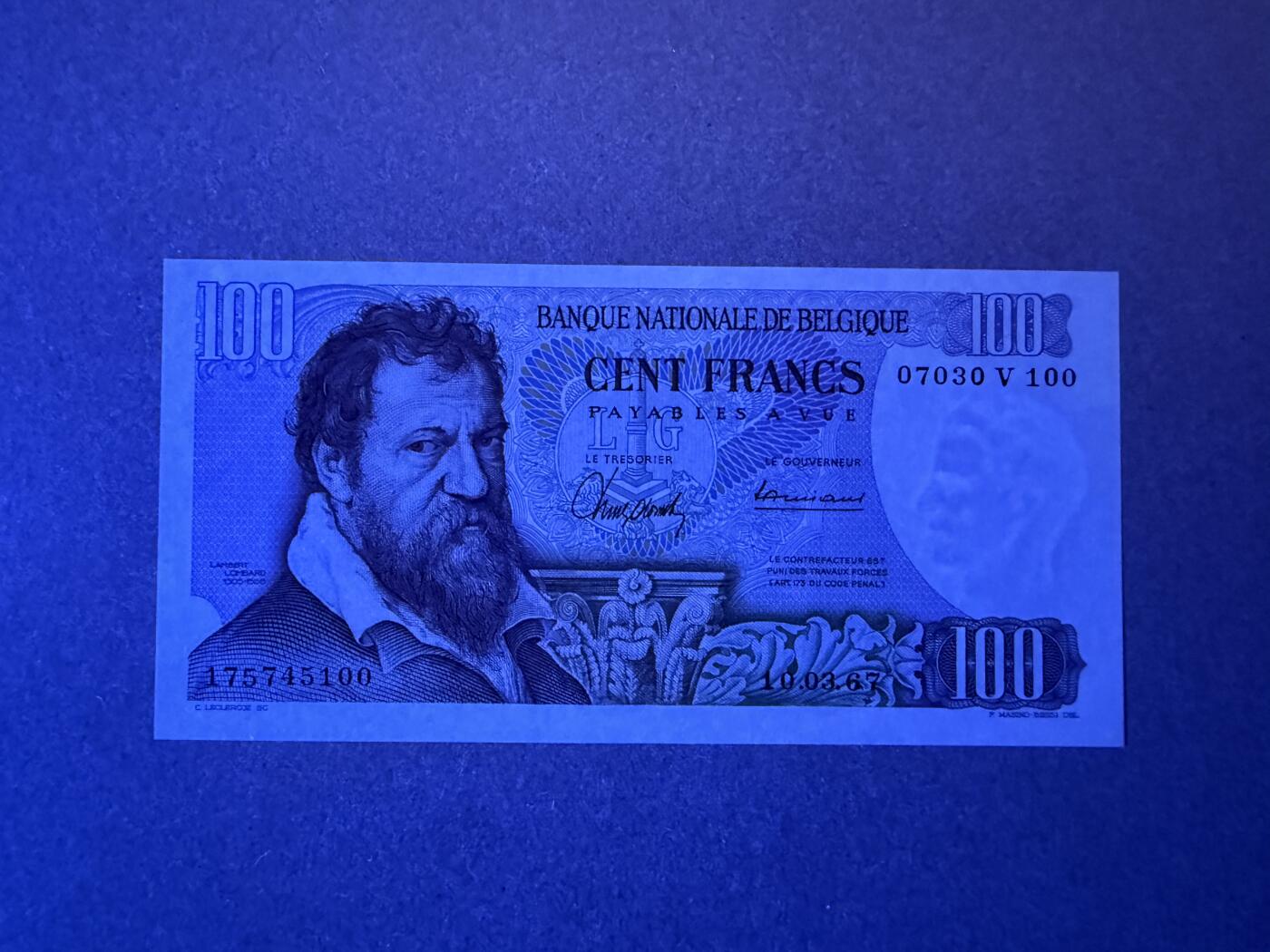 《艾美收藏》第234期-3.1周日外币精华场 比利时100法郎 UNC 1967年 局部荧光