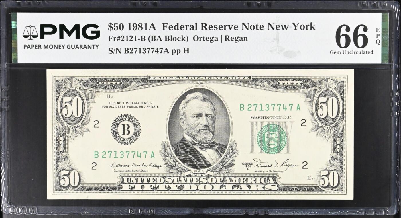 《艾美收藏》第234期-3.1周日外币精华场 美国50美元 PMG66E 1981年 亚军分 更高分仅1张