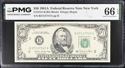 《艾美收藏》第234期-3.1周日外币精华场 - 美国50美元 PMG66E 1981年 亚军分 更高分仅1张