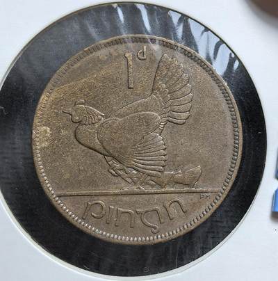 外国优质老铜币银币，正月十二晚九点倒数截拍，满百包邮可寄存，持续收拍 - 爱尔兰自由邦1928 年1 便士铜币，正面为爱尔兰竖琴国徽，背面是母鸡护雏图案，象征国家新生与农业根基，见证了爱尔兰脱离英国独立后的币制自主进程。