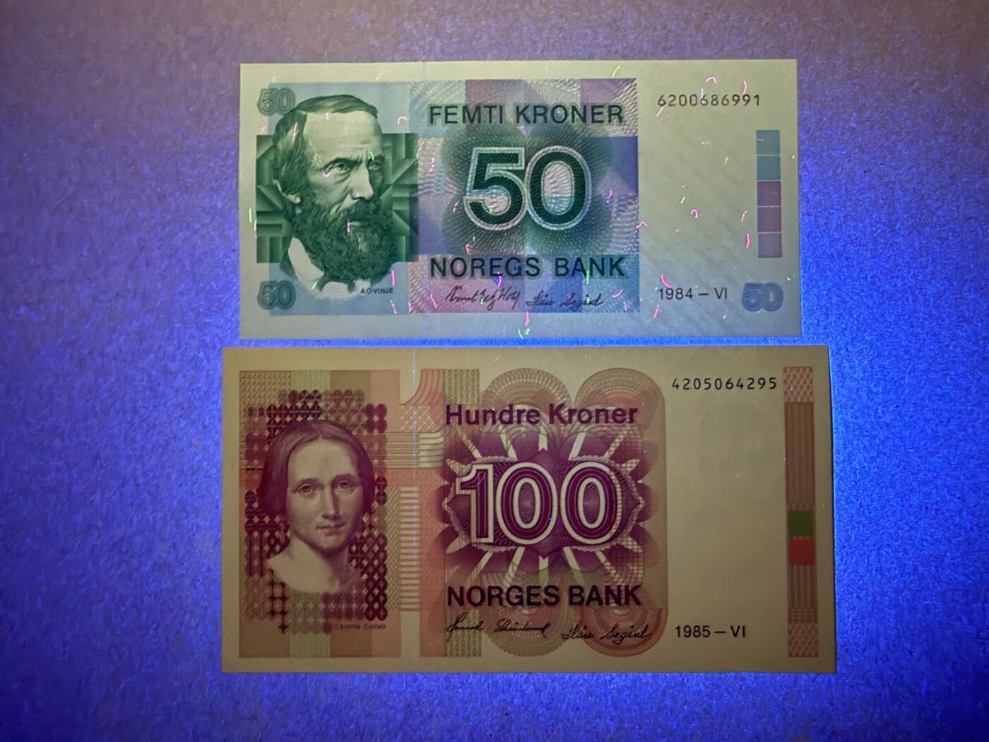《艾美收藏》第234期-3.1周日外币精华场 挪威50、100克朗2张 UNC 1984年