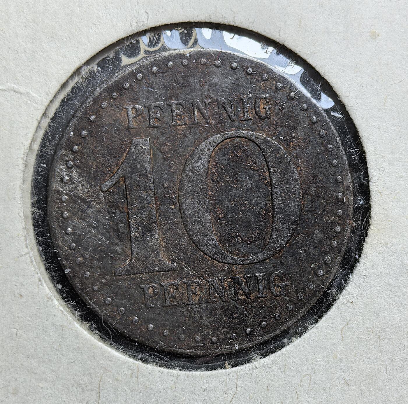 外国优质老铜币银币，正月十二晚九点倒数截拍，满百包邮可寄存，持续收拍 德国瑙姆堡市1919年10 芬尼战时应急币，背面是城市名与象征守护的钥匙图案。发行于一战后德国经济崩溃时期，是地方政府为缓解货币短缺、维持社会运转的临时货币，见证了魏玛共和国初期的经济危机。