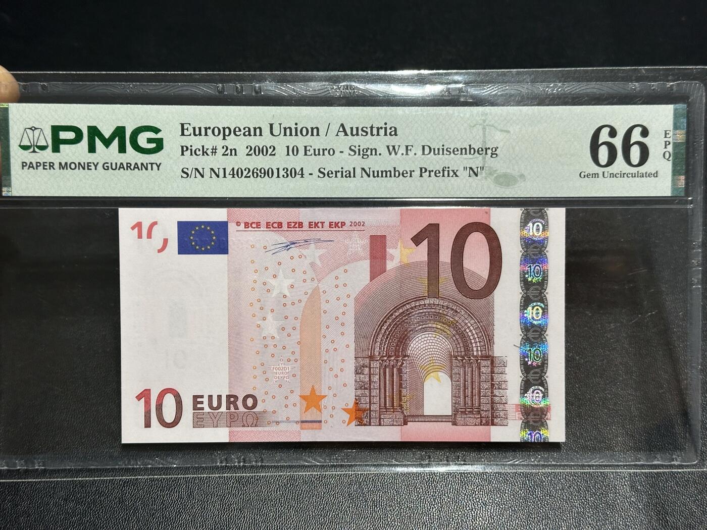 《外钞收藏家》第六百一十三期（ 精品场）（长期征集拍品、欢迎藏友们联系合作） 2002年一签10欧元 PMG66 奥地利版