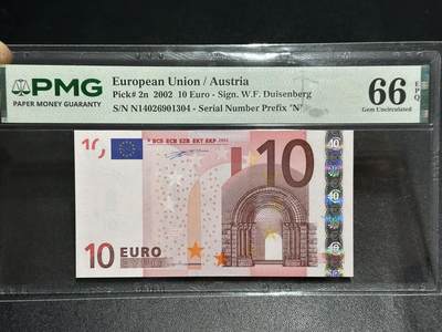 《外钞收藏家》第六百一十三期（ 精品场）（长期征集拍品、欢迎藏友们联系合作） - 2002年一签10欧元 PMG66 奥地利版