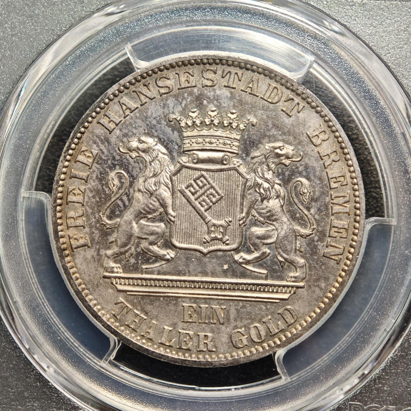 【德藏】世界币章拍卖第166期（拍品征集中~欢迎藏友联系） 1865年 德国不莱梅泰勒银币 PCGS MS66PL 类镜面底板 原味淡包浆 状态极佳