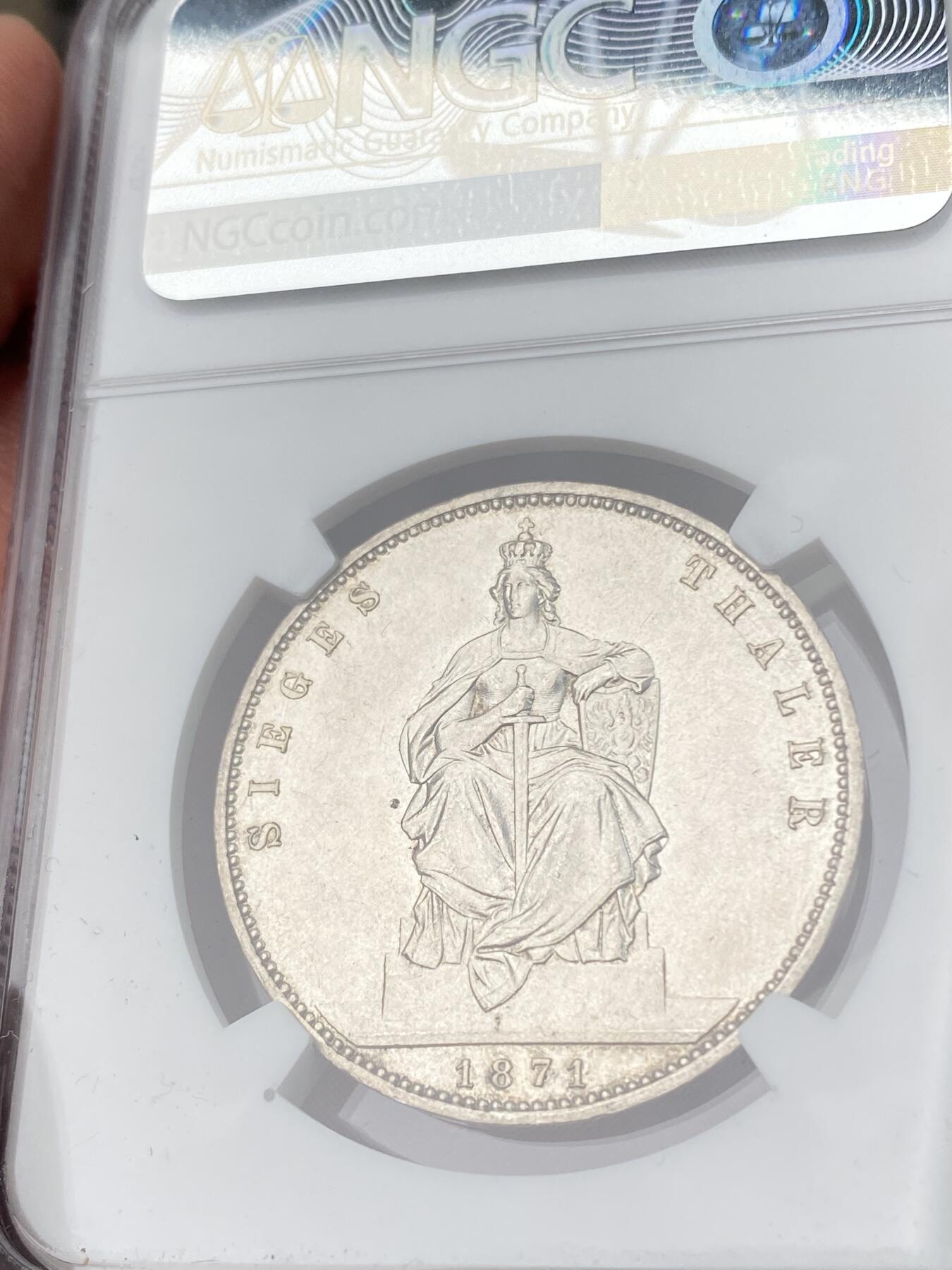 万国钱币拍卖第062期 NGC MS63 1871年德国普鲁士普法战争胜利泰勒 原光全深打非常难得 女武神五官细节纤毫毕现 银霜转光淡彩环绕收藏级