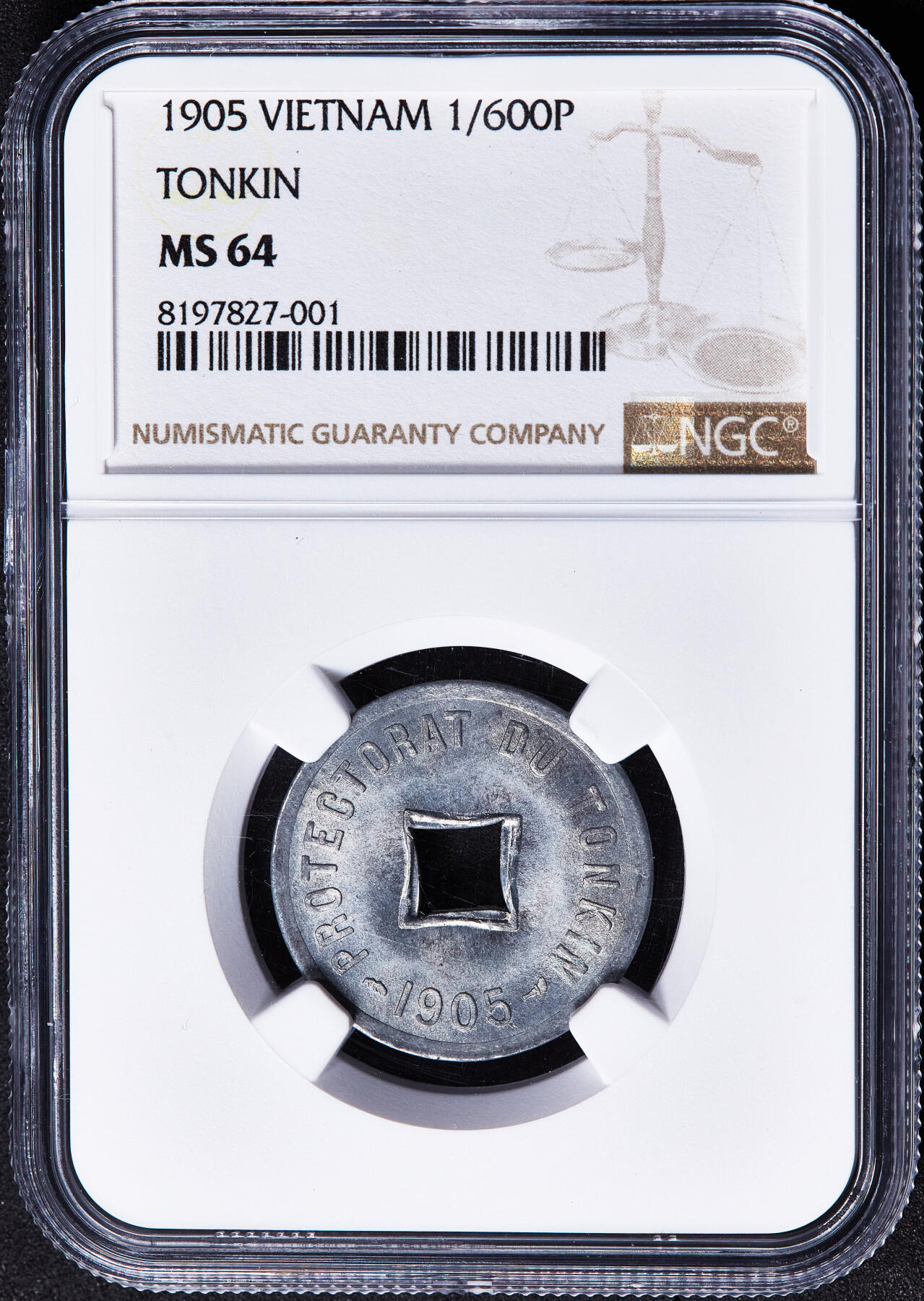 【俄甄集藏】2026年(049)03-18星期三 晚 19:30 全场包邮 法属印度支那东京湾1905年1/600皮阿斯特锌币，NGC MS64，转光品相