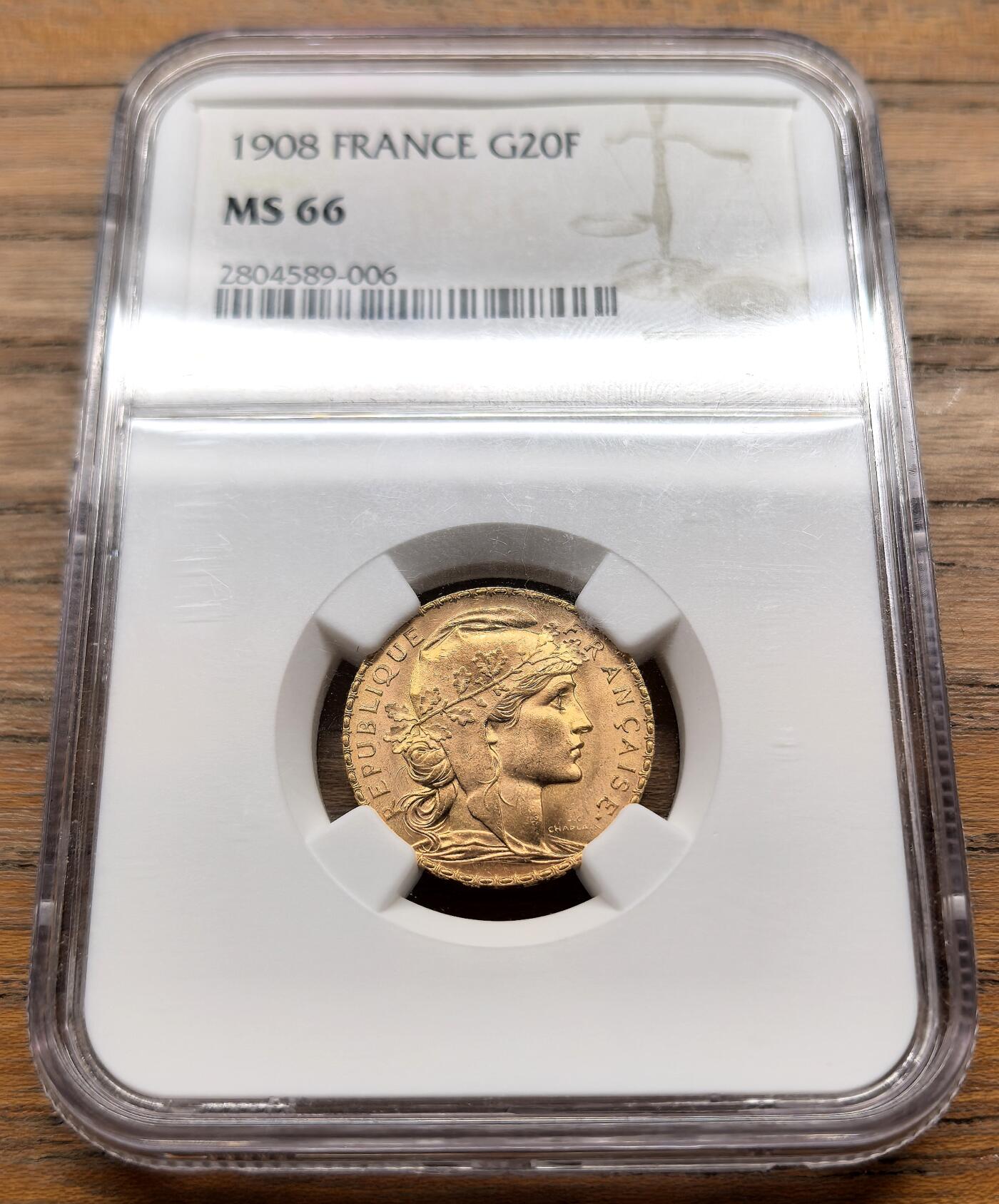 此心安处是吾乡·凡希社世界钱币微拍第三百二十期 1908法兰西第三共和国自由帽女神20法郎金币NGC-MS66，6.45g，900金，高分收藏级品相！