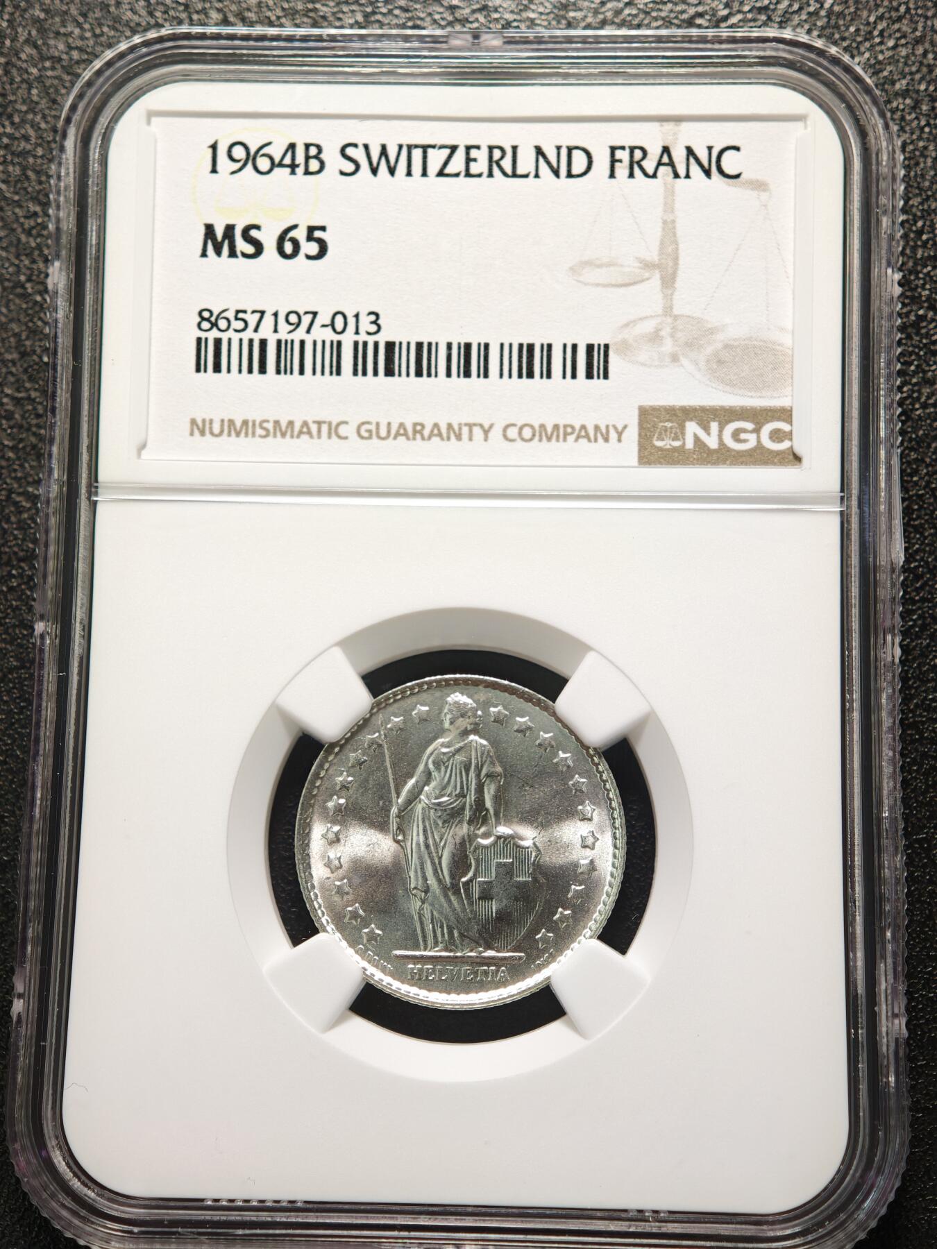 【德藏】世界币章拍卖第166期（拍品征集中~欢迎藏友联系） 1964年 瑞士1法郎银币 NGC MS65 原光十足
