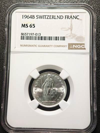 【德藏】世界币章拍卖第166期（拍品征集中~欢迎藏友联系） - 1964年 瑞士1法郎银币 NGC MS65 原光十足