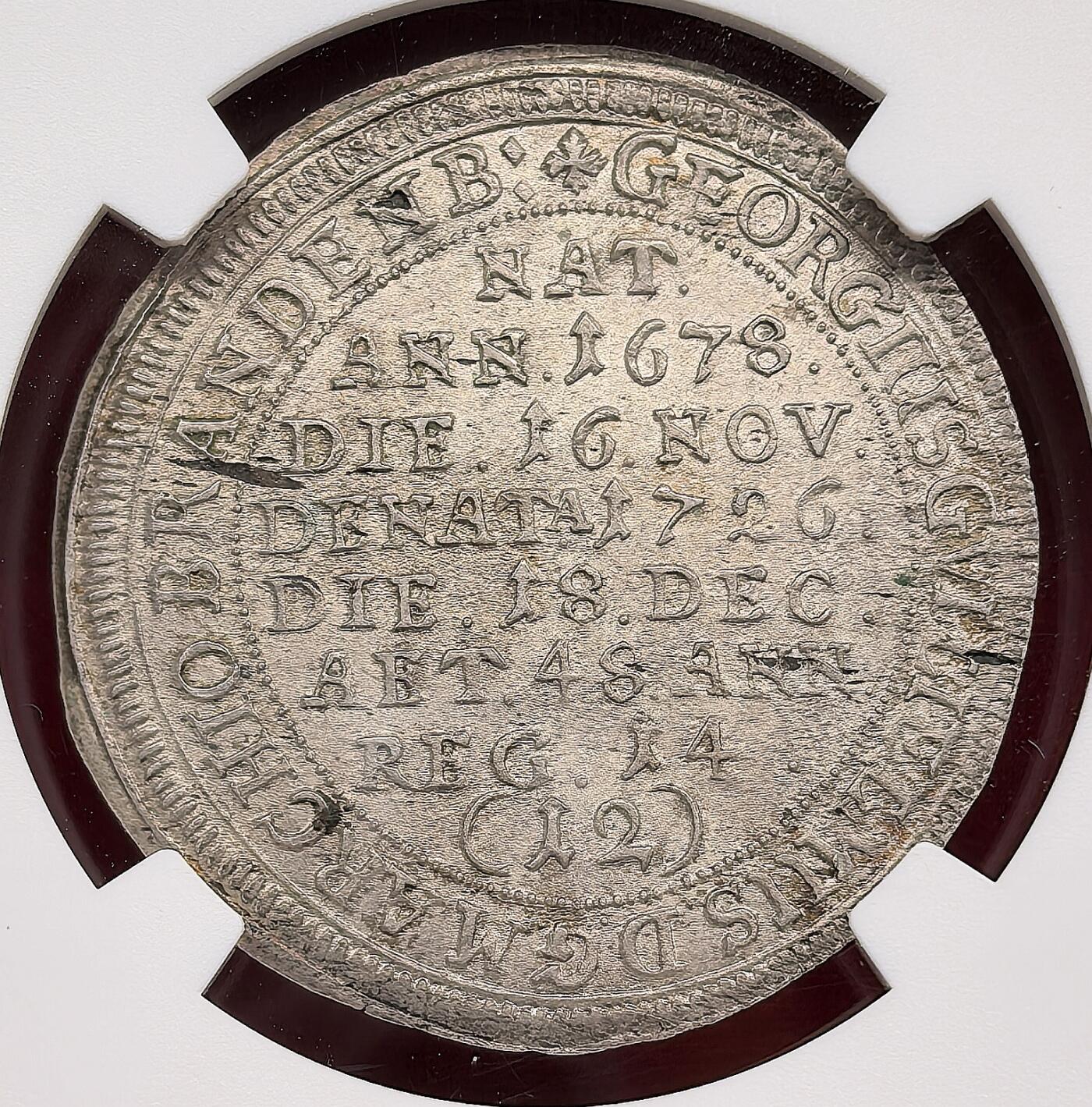 此心安处是吾乡·凡希社世界钱币微拍第三百二十期 1726德国勃兰登堡-拜罗伊特纪念格奥尔格·威廉侯爵逝世1/12泰勒银币NGC-MS63