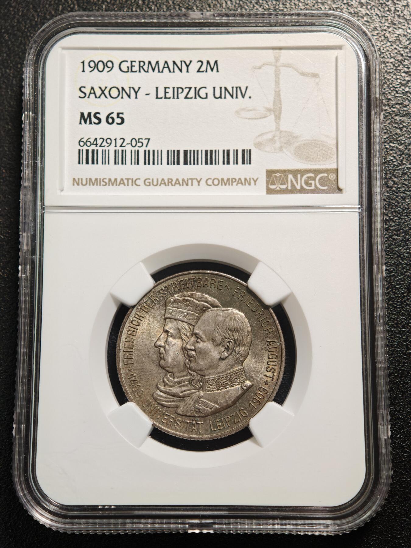【德藏】世界币章拍卖第166期（拍品征集中~欢迎藏友联系） 1909年德国萨克森莱比锡大学2马克银币 NGC MS65 深彩包浆