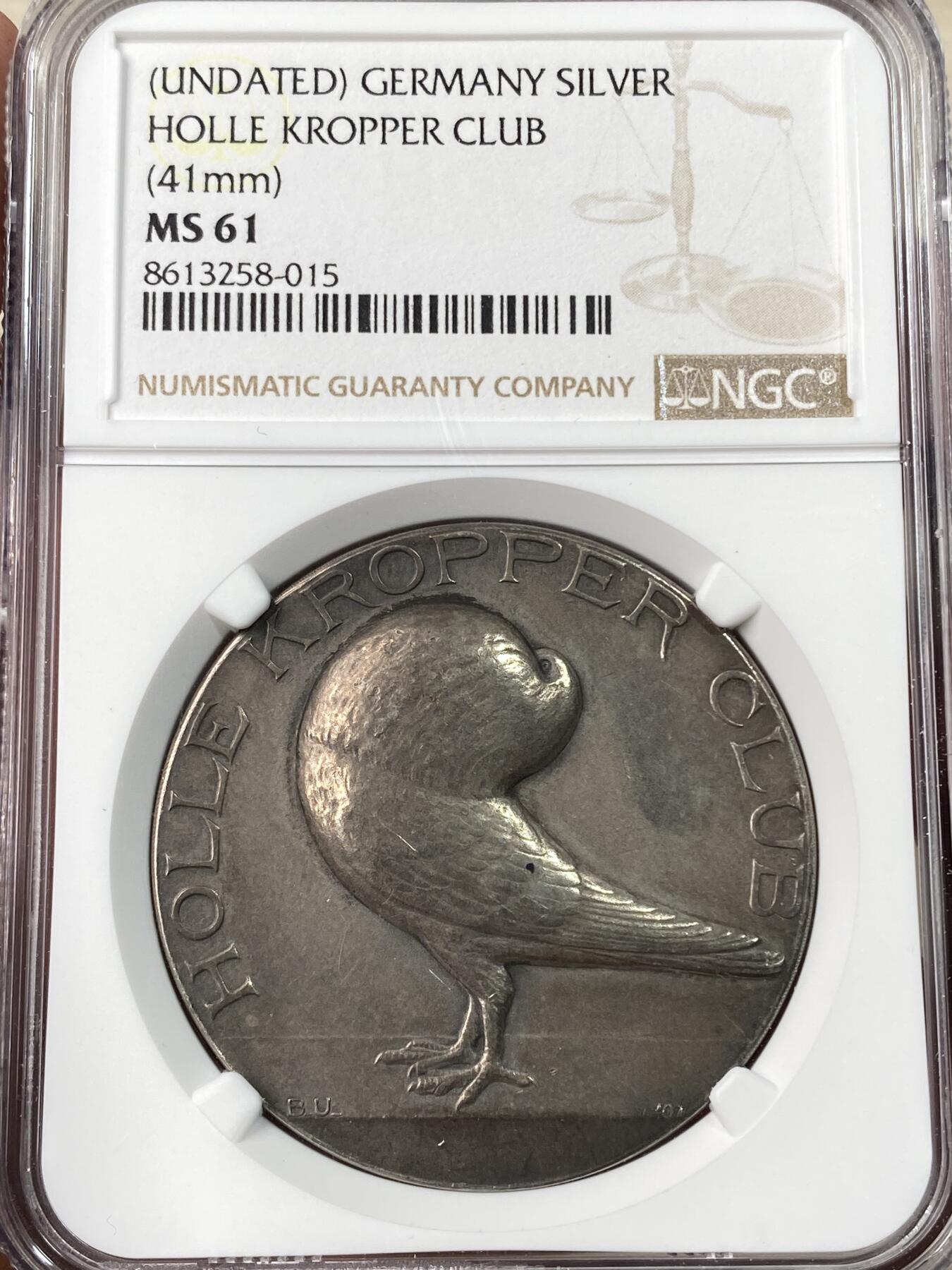 万国钱币拍卖第062期 NGC MS61 20世纪初德国霍勒·克罗珀霍勒鸽俱乐部纪念大银章 高浮雕霍勒鸽（又称阿姆斯特丹气球鸽）41MM非常漂亮传神 未签名未使用状态