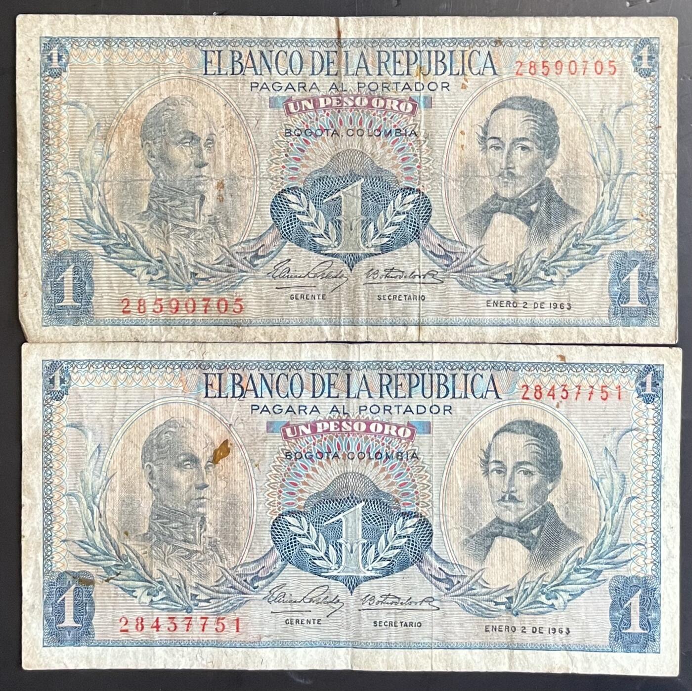小福收藏拍卖第201期 流通品相裸钞 特惠场 本场拍卖美洲大洋洲非洲亚洲纸币【佣金仅收2% 不设最低佣金 全场包邮】 哥伦比亚 1963年 1比索 1组2张 