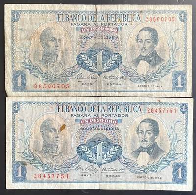 小福收藏拍卖第201期 流通品相裸钞 特惠场 本场拍卖美洲大洋洲非洲亚洲纸币【佣金仅收2% 不设最低佣金 全场包邮】 - 哥伦比亚 1963年 1比索 1组2张 