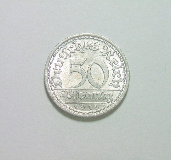 稀年 德国魏玛1919年F版50芬尼 难得开卷原光