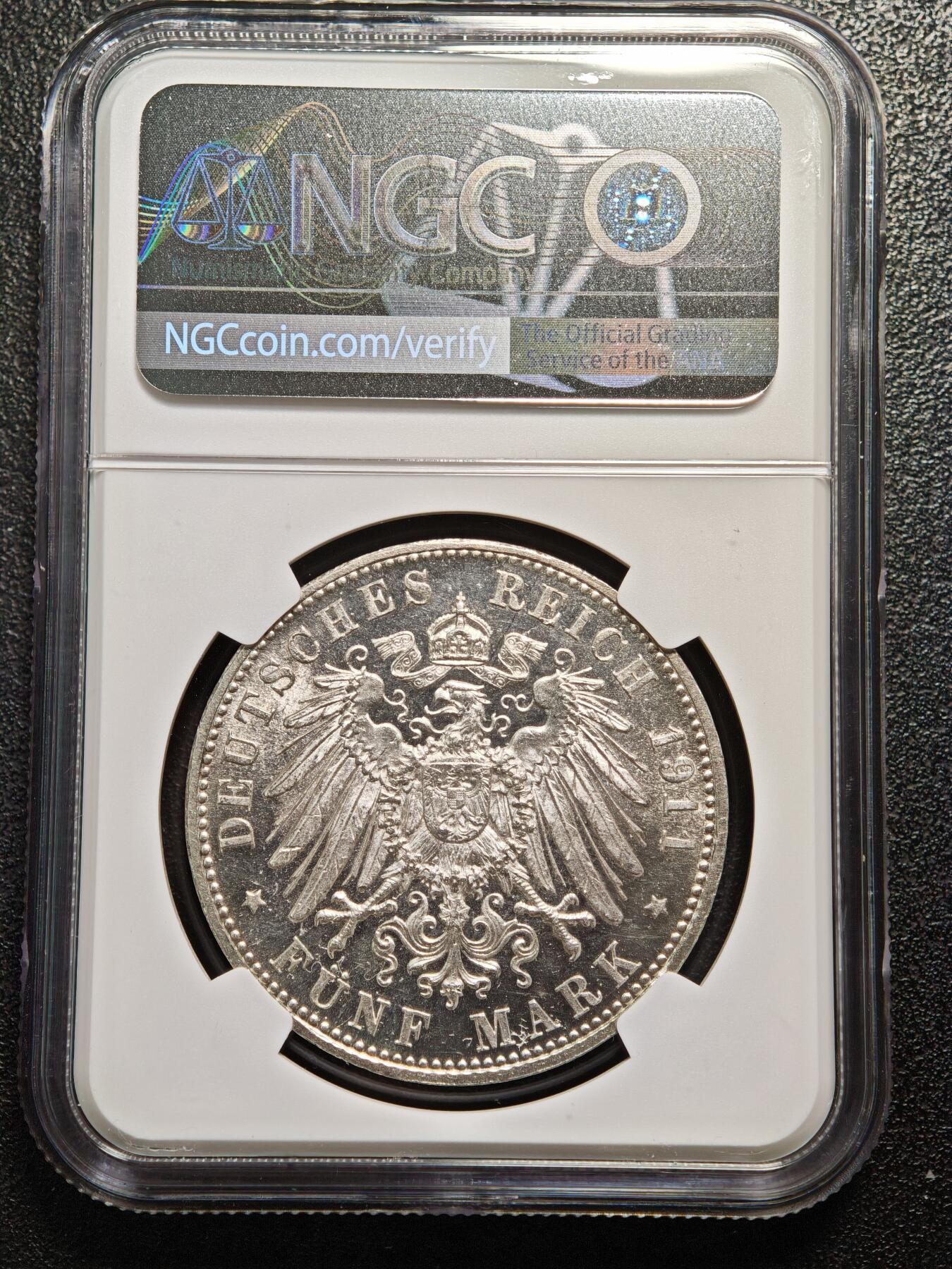 【德藏】世界币章拍卖第166期（拍品征集中~欢迎藏友联系） 1911年 德国巴伐利亚摄政王利奥波德90大寿5马克大银币 NGC MS62 原光十足