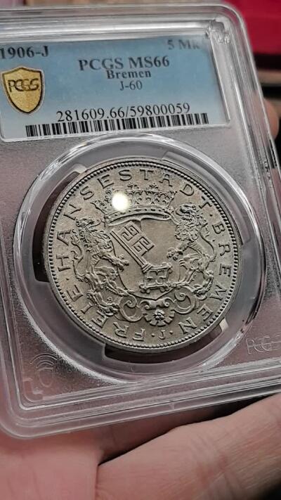 此心安处是吾乡·凡希社世界钱币微拍第三百二十期 荐！1906J德国不莱梅5马克大银PCGS-MS66，淡彩粉光，高分，实物上手更赞。（视频参考）