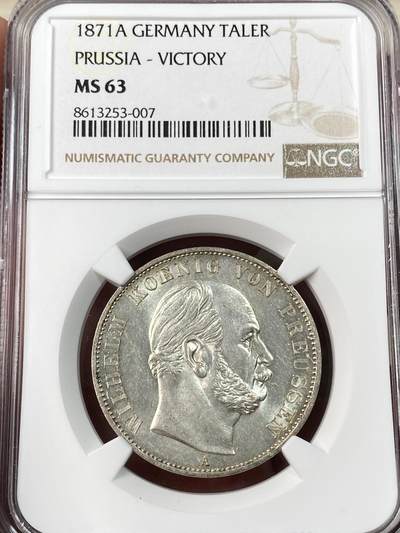 万国钱币拍卖第062期 - NGC MS63 1871年德国普鲁士普法战争胜利泰勒 原光全深打非常难得 女武神五官细节纤毫毕现 银霜转光淡彩环绕收藏级