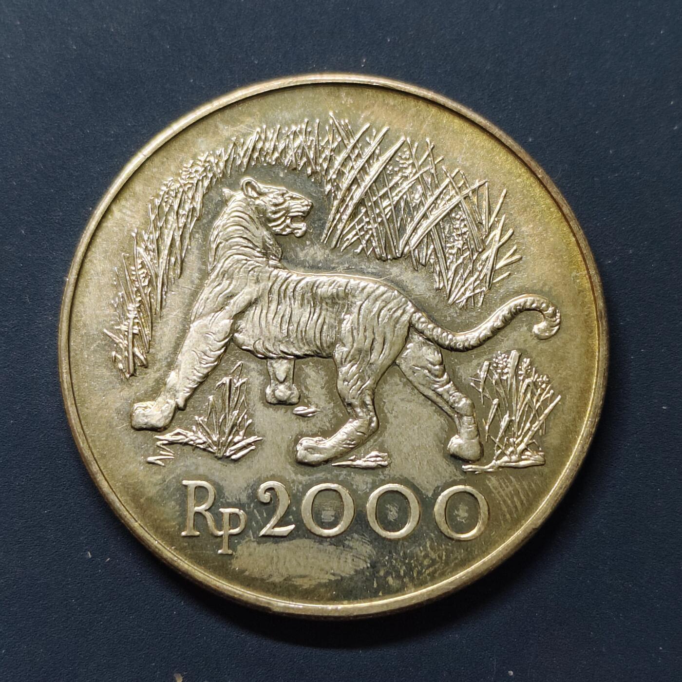 【全场包邮】纯粹捡漏拍509场 印度尼西亚1974年2000卢比WWF组织十五周年爪哇虎纪念银币【38.6毫米25.31克50%】