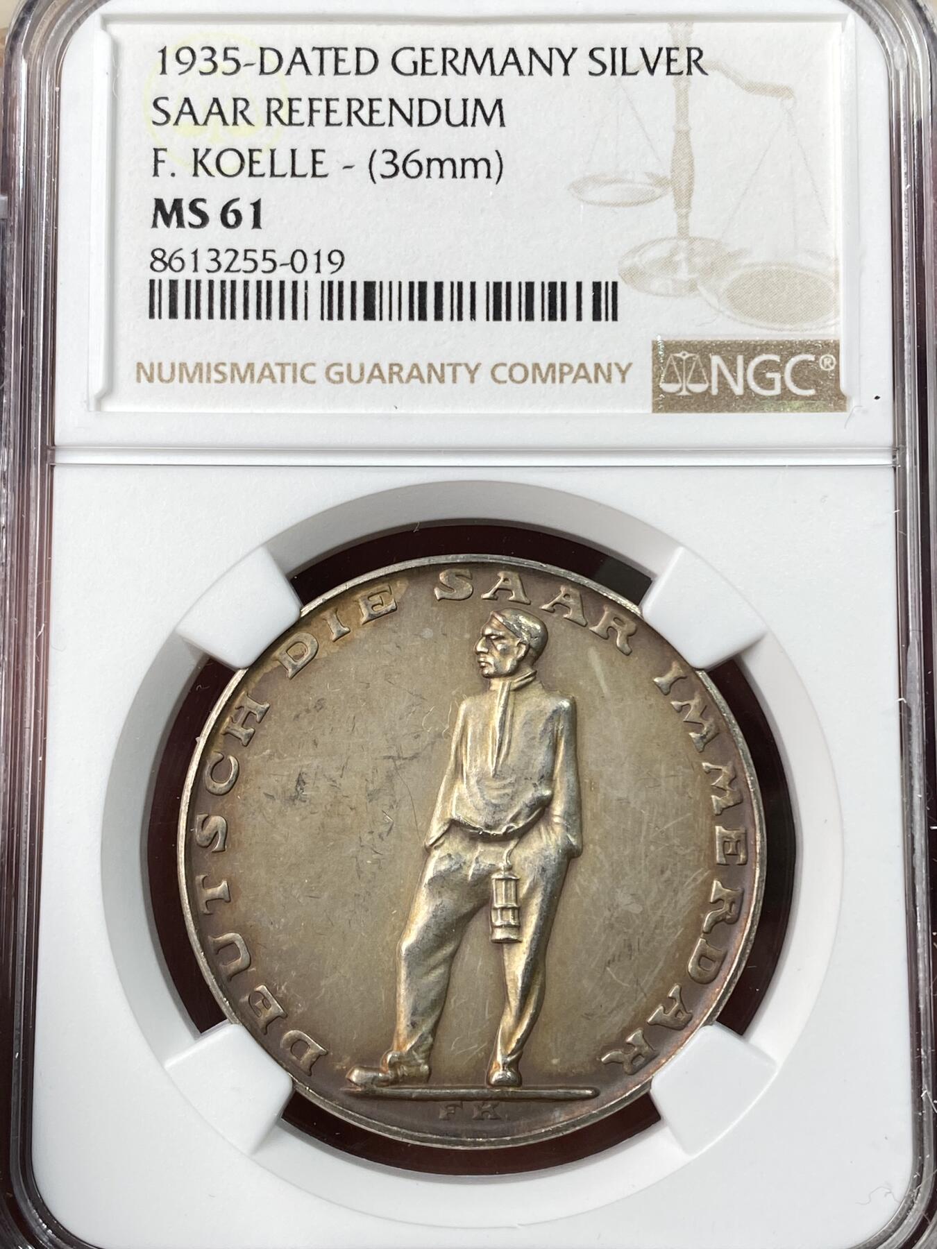 万国钱币拍卖第062期 NGC MS61 1935年德国萨尔区回归纪念银章 原味天鹅绒金彩银光闪烁