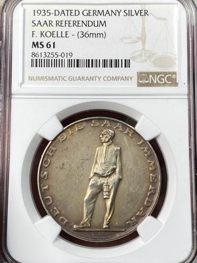 万国钱币拍卖第062期 - NGC MS61 1935年德国萨尔区回归纪念银章 原味天鹅绒金彩银光闪烁