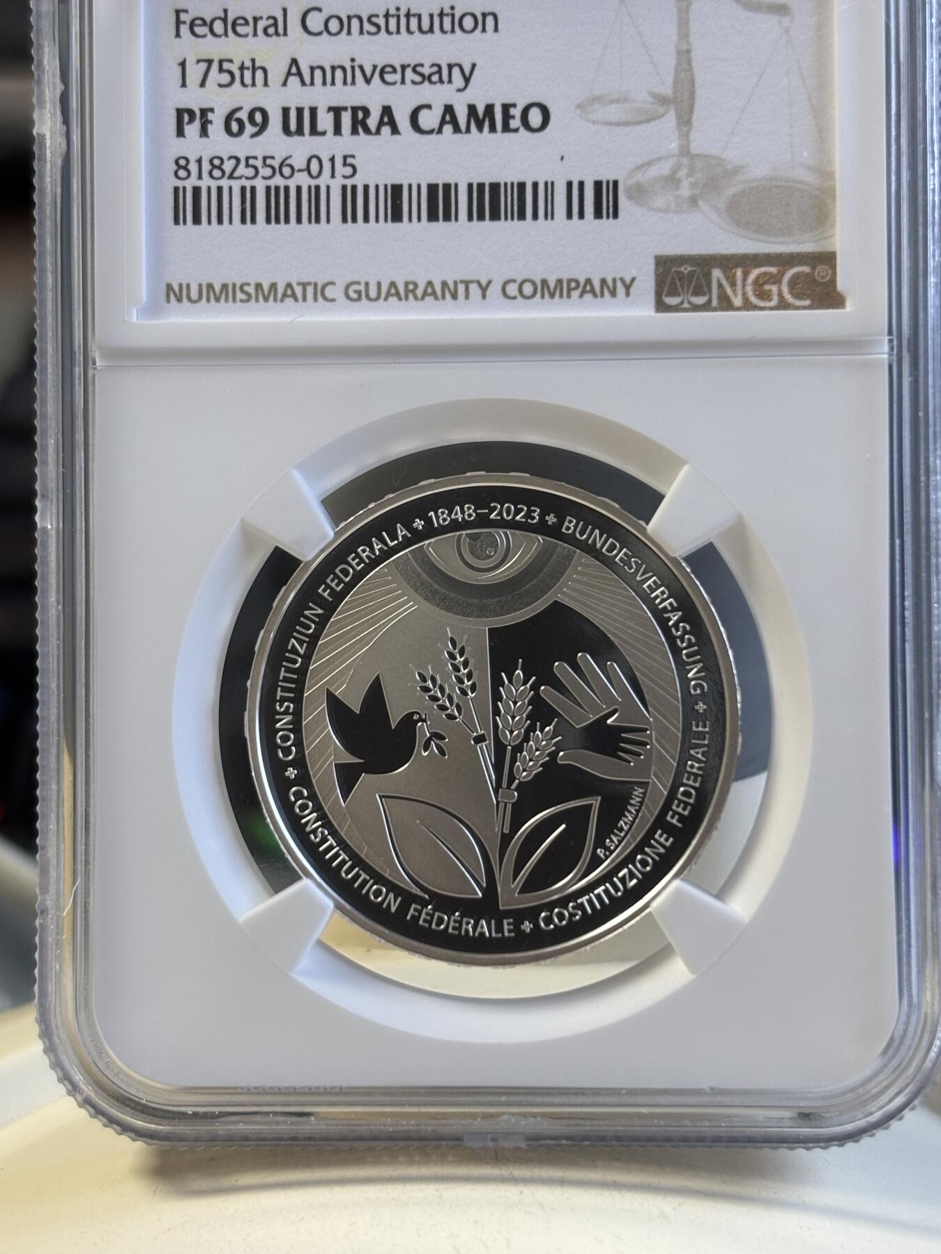 第191期拍卖 瑞士2023年联邦175周年纪念银币NGC-PF69,999银，20克