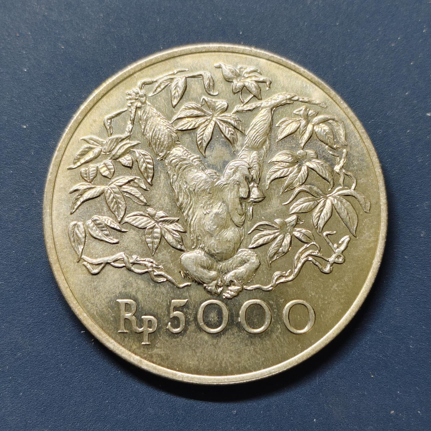 【全场包邮】纯粹捡漏拍509场 印度尼西亚1974年5000卢比WWF组织十五周年红猩猩纪念银币【42毫米32克50%】