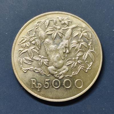 【全场包邮】纯粹捡漏拍509场 - 印度尼西亚1974年5000卢比WWF组织十五周年红猩猩纪念银币【42毫米32克50%】