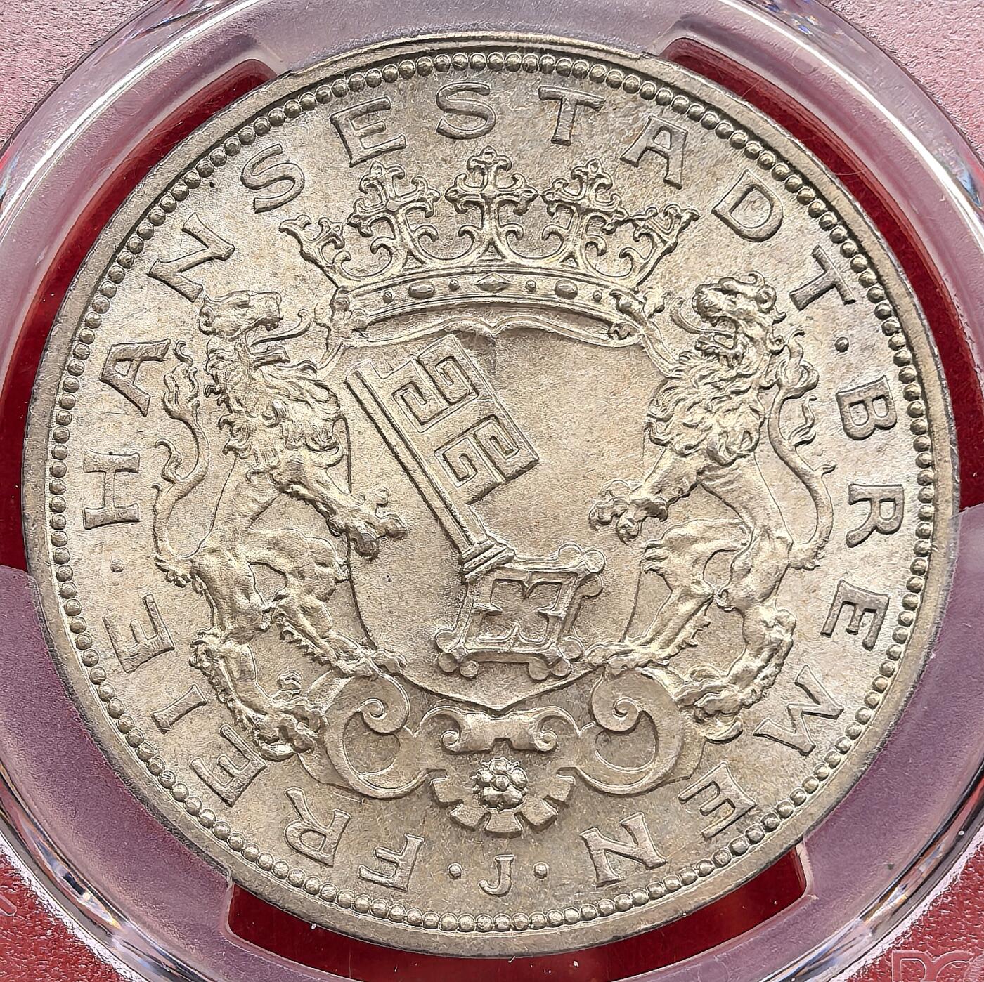 此心安处是吾乡·凡希社世界钱币微拍第三百二十期 荐！1906J德国不莱梅5马克大银PCGS-MS66，淡彩粉光，高分，实物上手更赞。（视频参考）