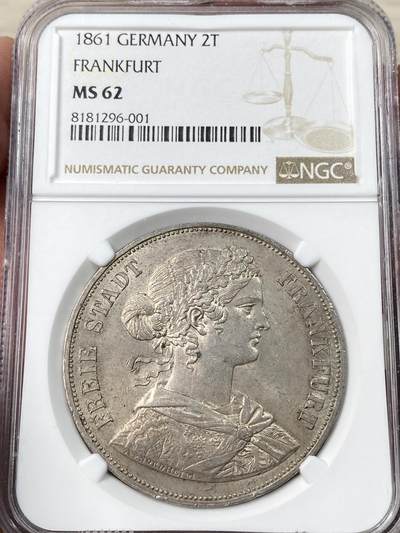 万国钱币拍卖第062期 - NGC MS62 1861年德国法兰克福少女流通2泰勒 经典法兰城少女2T 原味淡彩转光极美收藏级