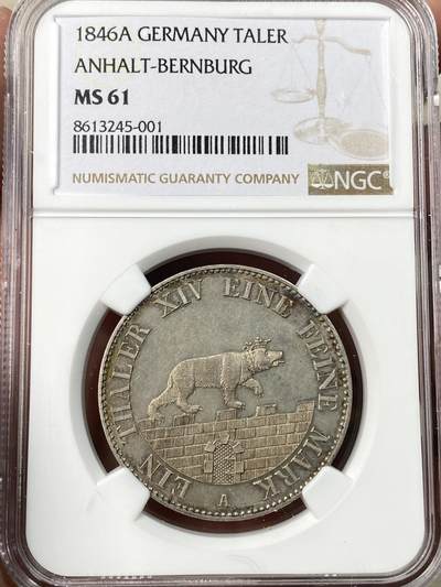 万国钱币拍卖第062期 - NGC MS61 1846年德国安哈尔特-贝恩堡小熊爬墙流通矿业泰勒 小熊爬墙系列开山之年 也是高品难度最大的年份 发行量仅1万枚且流通充分  此枚原味欧陆老五彩全熊毛不容错过 NGC亚军分更高仅一枚