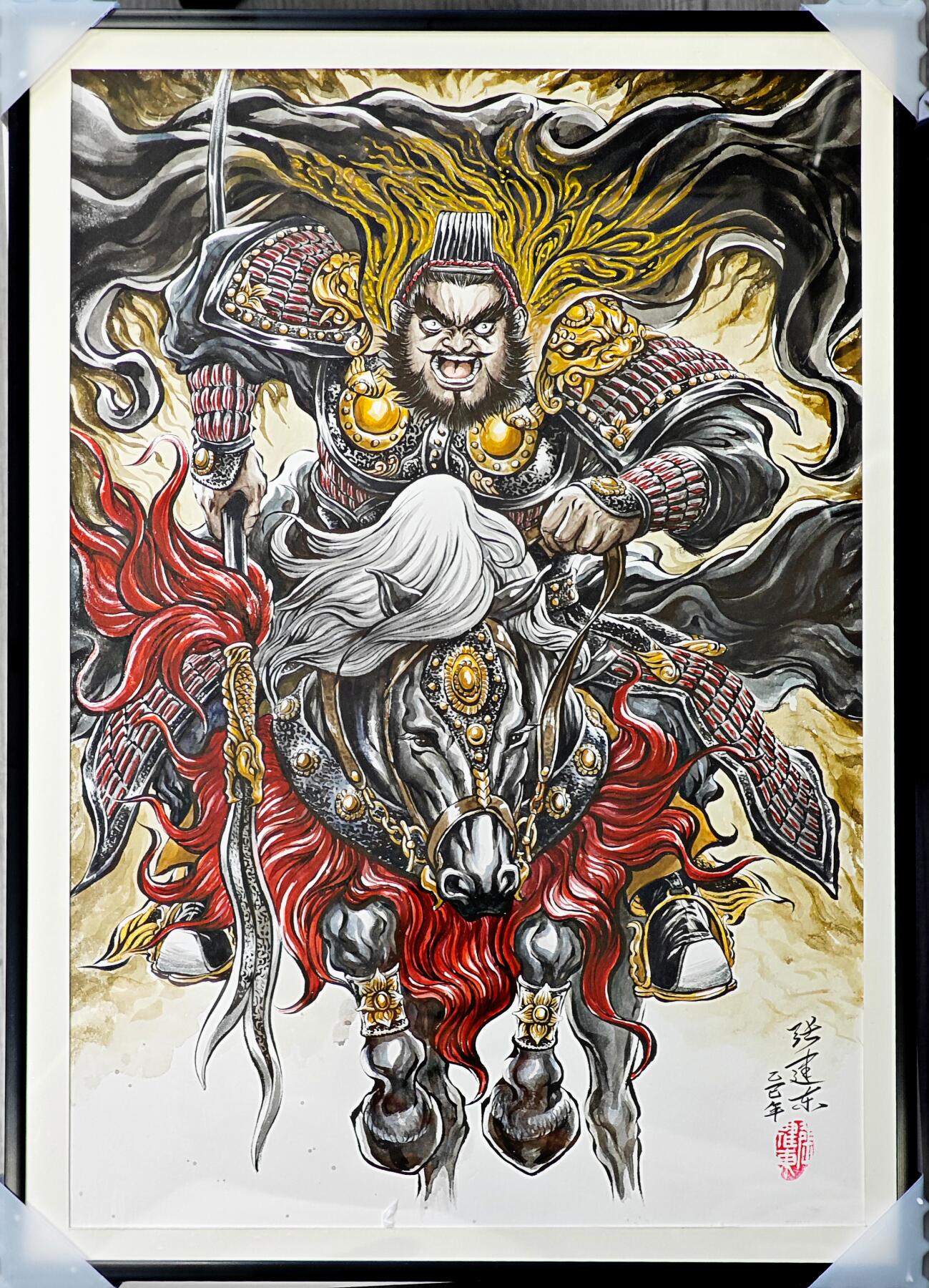 白泽拍卖卡牌手绘专场第33期（去岁千般皆如愿 今年万事定称心） 2025 张建东手绘画 张飞 已装裱 尺寸：内26cm*38.5cm 外30cm*42.5cm  张建东亲签