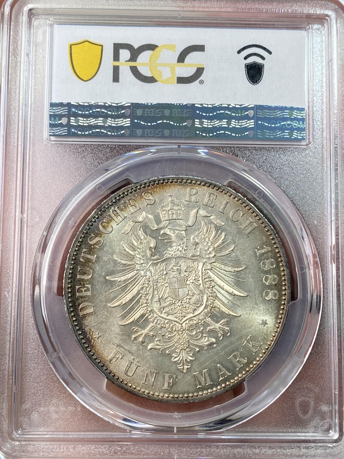 万国钱币拍卖第062期 PCGS MS63 1888你德国普鲁士三皇年腓特烈三世流通短翅5马克银币 油沁质感粉光底板 极美香槟金彩 收藏级品质