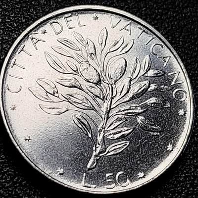 泉币菌-第204场-元宵节专场 本场拍品多 请提前出价 - 原光极美 橄榄枝 梵蒂冈1975年50里拉不锈钢币  教皇保罗六世 