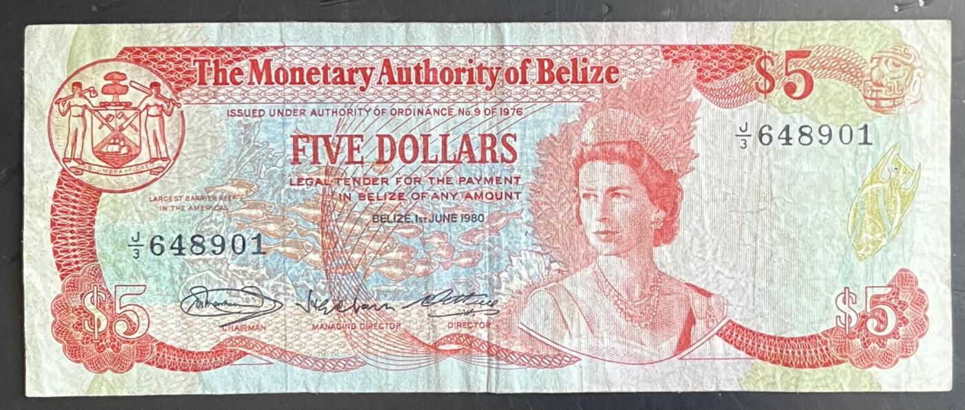 小福收藏拍卖第201期 流通品相裸钞 特惠场 本场拍卖美洲大洋洲非洲亚洲纸币【佣金仅收2% 不设最低佣金 全场包邮】 伯利兹 1980年 5元 